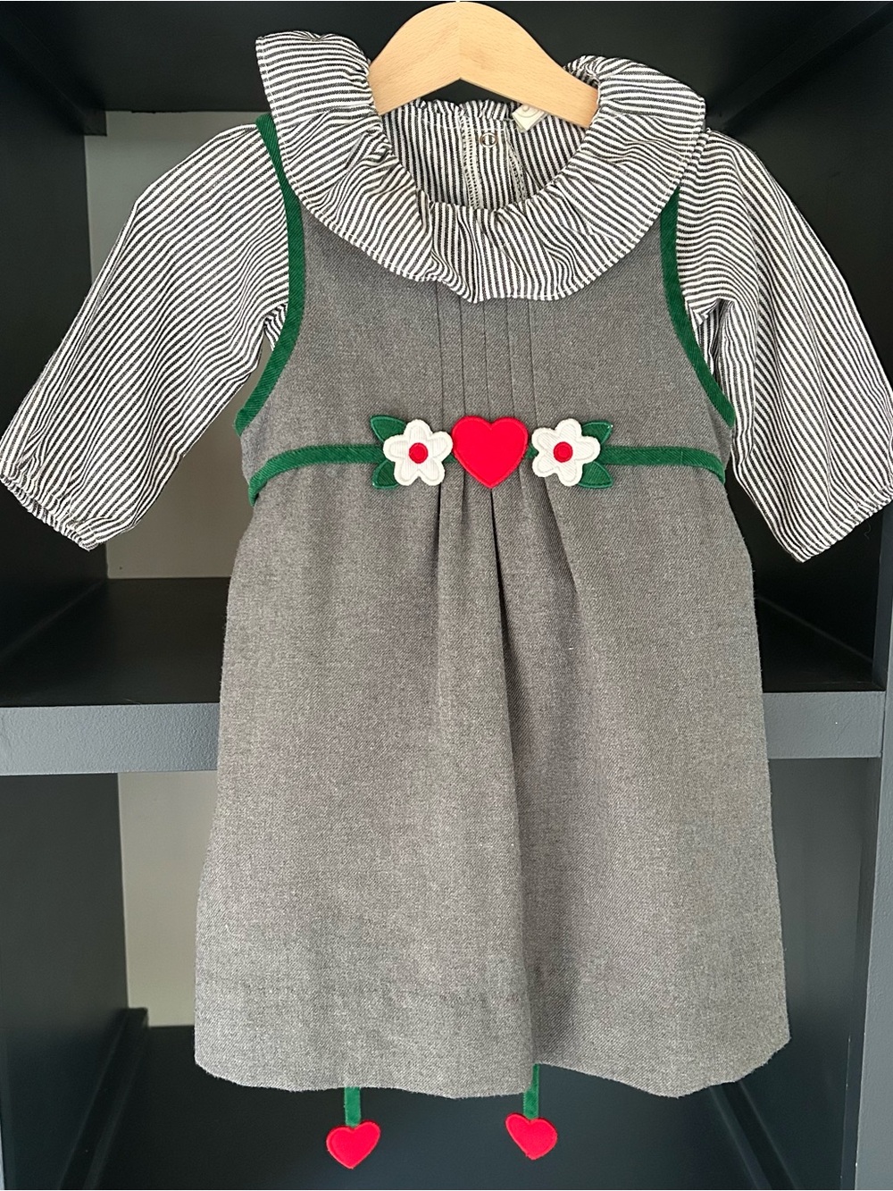 Vintage Florence Eiseman Gray Wool Jumper Dress Set Heart Floral 3T